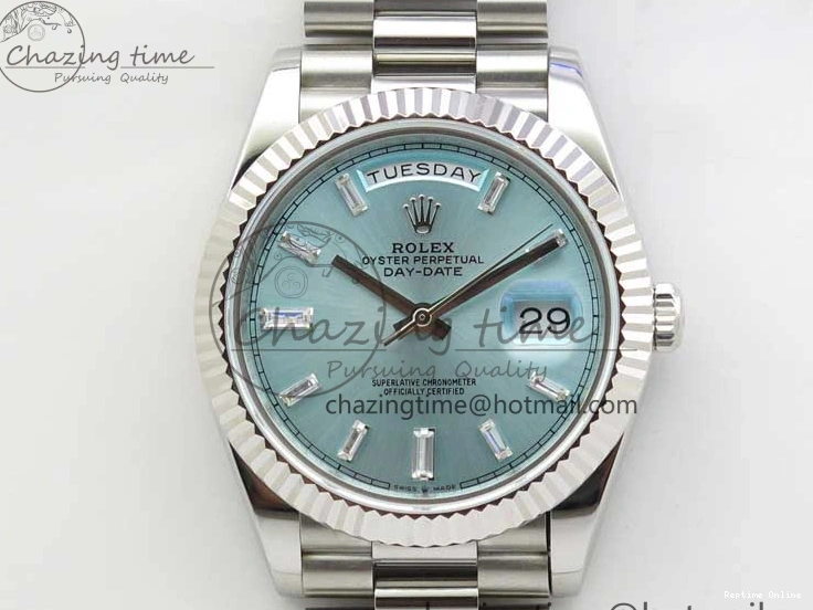 0417 SoftTouch Day-Date 40mm 228239 BP New Dial Version 904 SS Ice Blue T Crystal Markers Dial on SS President Bracelet A 2822